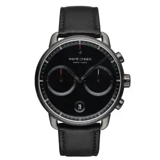 NG Pioneer Gun metal black leather 42mm - Nordgreen